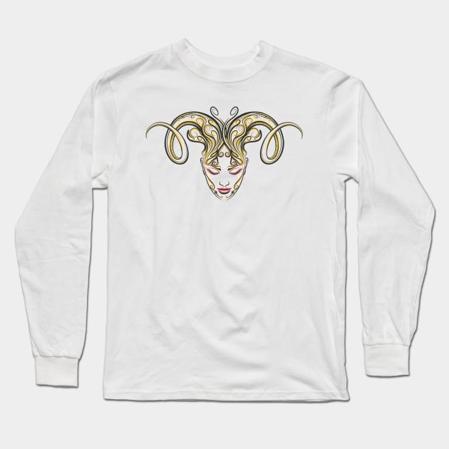 Girl with horns of a ram drawn in tattoo style Long Sleeve T-Shirt by devaleta